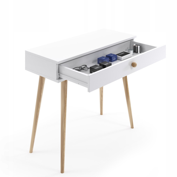 Konsola BOHO z szufladą, drewniane nogi BIAŁY MAT