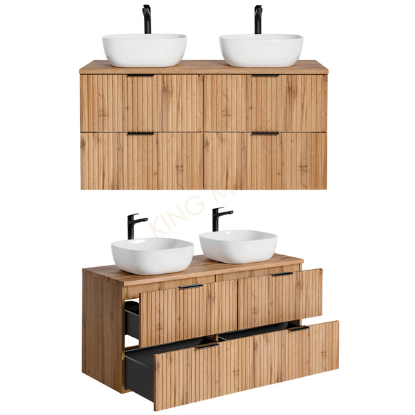 Meble łazienkowe ADEL OAK 120, Zestaw z umywalkami nablatowymi, Lustro LED