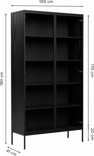 Regał INDUST witryna 190cm, szklane drzwi, metalowe nogi CZARNY