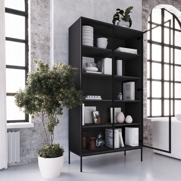 Regał INDUST witryna 190cm, szklane drzwi, metalowe nogi CZARNY