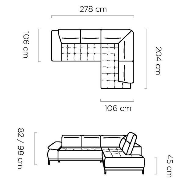 Narożnik FOCUS L 278 cm, Elektryczny wysuw siedziska, Zagłówki