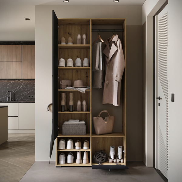 Garderoba DINO, lustro, wieszak DĄB ARTISAN / CZARNY GRAFIT