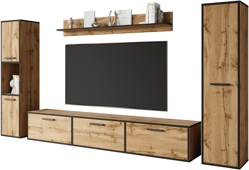 Meblościanka BOGOTA Zestaw mebli, salon Dąb Wotan / Krawędź Czarny Grafit