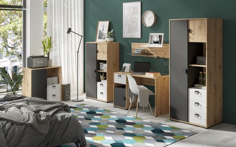 Biurko KEVIN 8 120cm z szufladą, Meble Młodzieżowe Dąb / Grafit / Biały