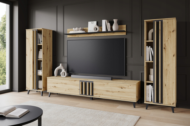 Meblościanka HELSINKI I Zestaw mebli, salon, Dąb Artisan / Czarny Grafit