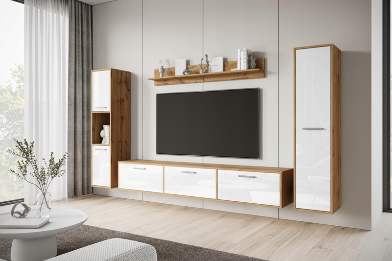 Meblościanka BOGOTA Zestaw mebli, salon Dąb Wotan / Biały Połysk