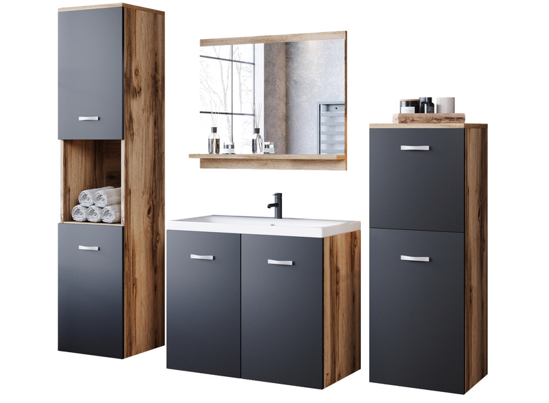 Meble łazienkowe MALO, lustro, umywalka DĄB WOTAN / CZARNY GRAFIT