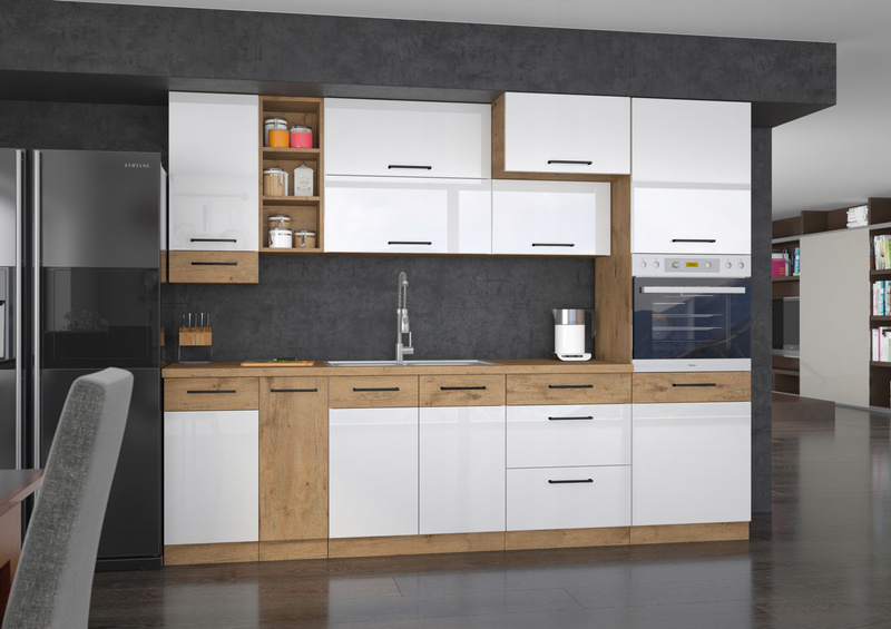 Meble kuchenne VIGO BIAŁY POŁYSK / DĄB LANCELOT zestaw 270cm