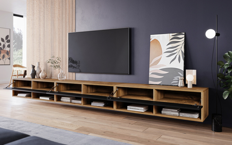 Szafka RTV Lowboard A 300cm DĄB WOTAN / CZARNY POŁYSK
