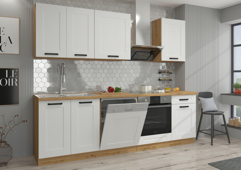 Meble kuchenne zestaw LUNA BIAŁY / DĄB ARTISAN kuchnia szafki 250cm