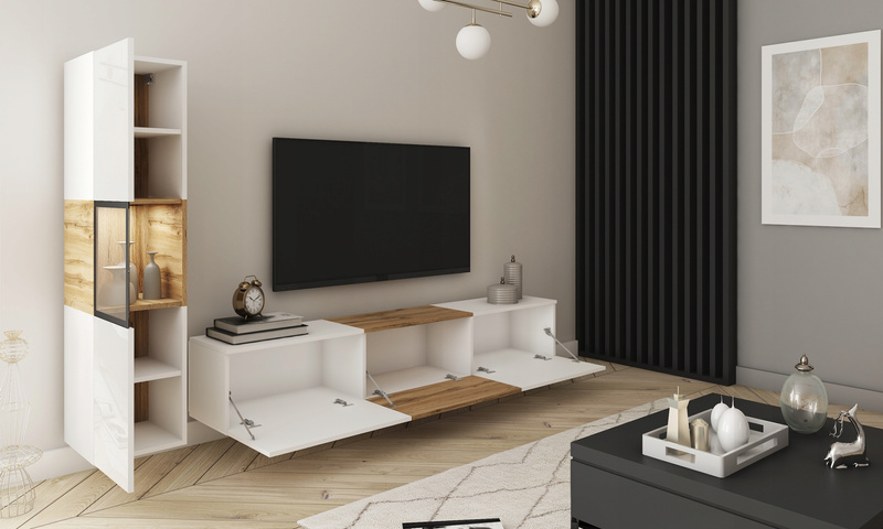 Meblościanka BERLIN Zestaw Mebli, Salon Dąb Wotan / Biały Połysk