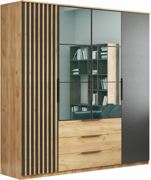 Szafa loftowa SORENTO 200cm lustro, lamele DĄB CRAFT ZŁOTY / CZARNY