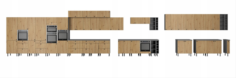 Meble kuchenne AVA + NESSA DĄB ARTISAN/ANTRACYT zestaw kuchnia szafki 260cm