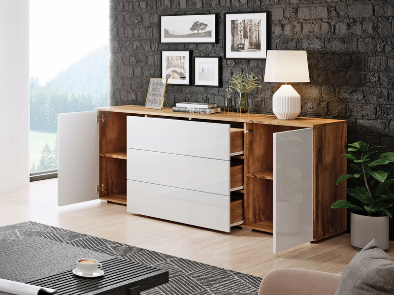Komoda PARIS 150 Dąb Wotan / Biały Połysk