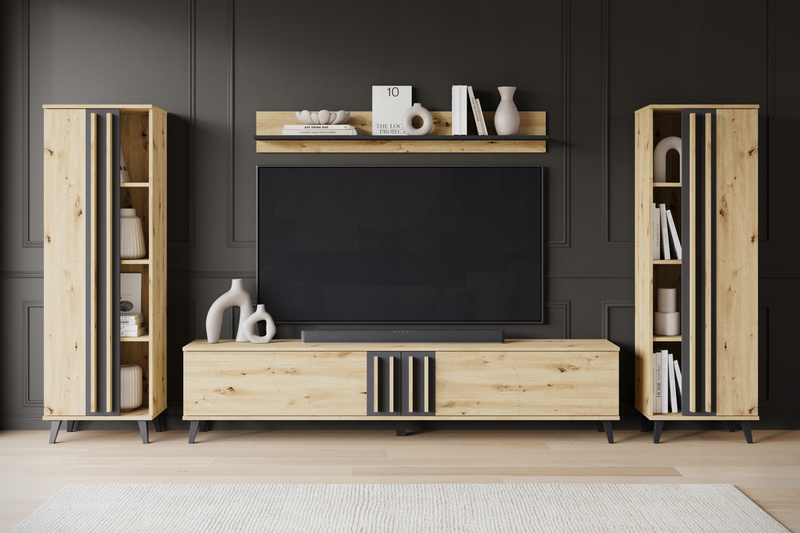 Meblościanka HELSINKI I Zestaw mebli, salon, Dąb Artisan / Czarny Grafit