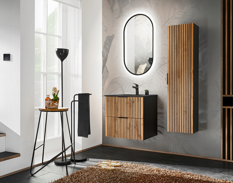 Meble łazienkowe XILO 80, Umywalka nablatowa, Lustro LED, Dąb Wotan/Szary