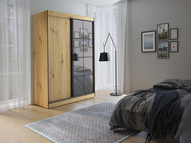 Szafa przesuwna OSLO II 180cm, Szafa z Lustrem Dąb Artisan / Czarny