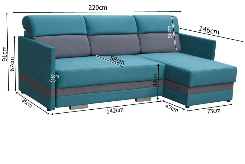 Narożnik z funkcją spania KOLIBER 220 cm, Rozkładany, Rogówka