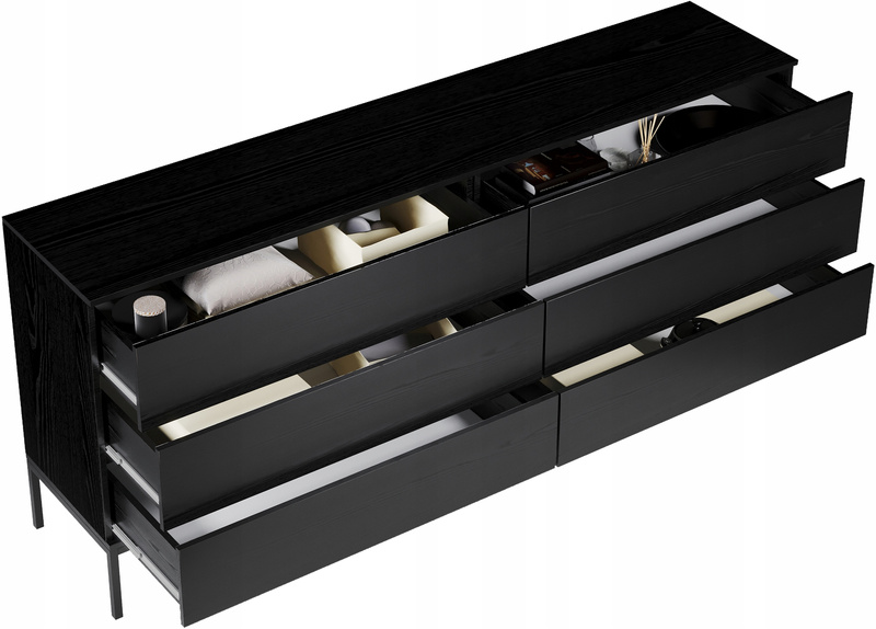 Komoda INDUST 150cm, 6 szuflad, metalowe nogi CZARNY