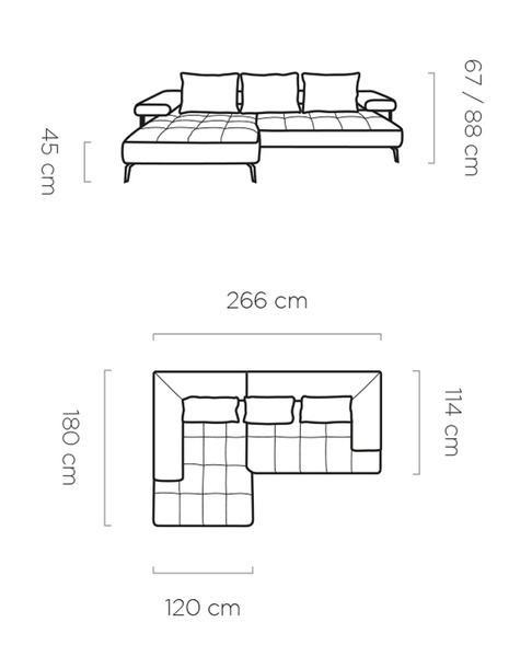 Narożnik z funkcją spania MONTELLA S 266cm, Elektryczny wysuw siedziska