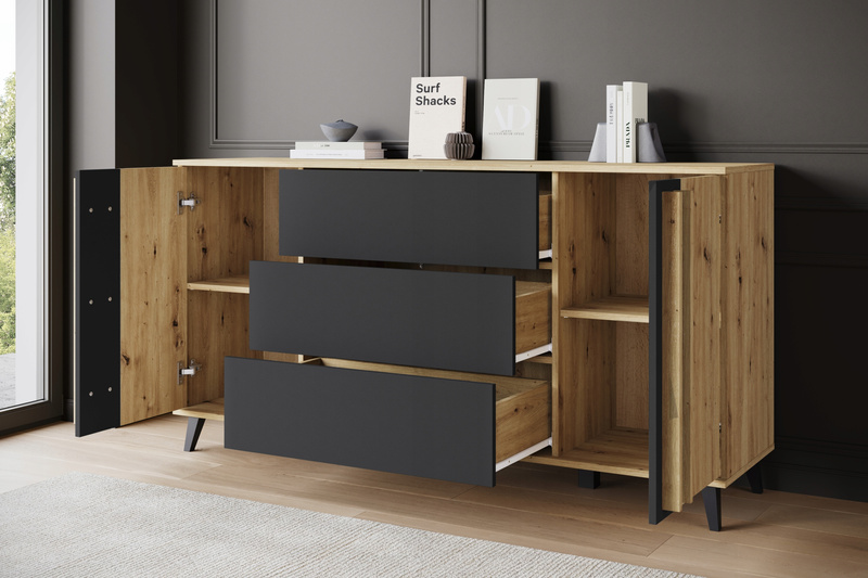 Komoda HELSINKI 150 Dąb Artisan / Czarny Grafit