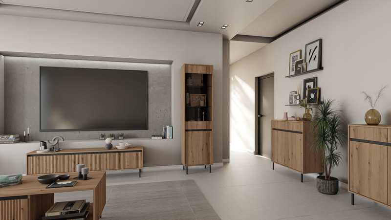 Zestaw mebli OSAKA Szafka wisząca + Szafka RTV + Komoda + Stolik DĄB EVOKE