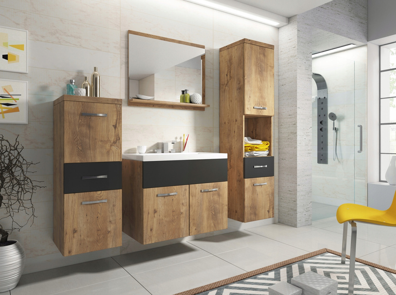 Meble łazienkowe ALBA BIAŁY / SZARY POŁYSK, umywalka, lustro