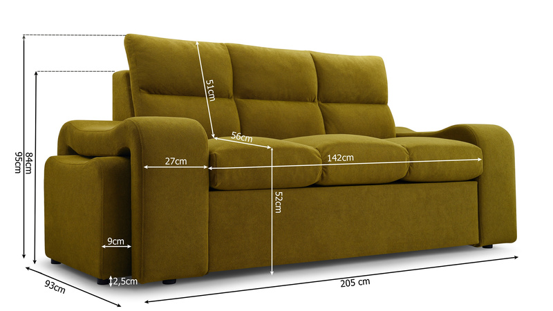 Sofa Rozkładana WELA 205 cm, Kanapa Rozkładana, PUFY GRATIS