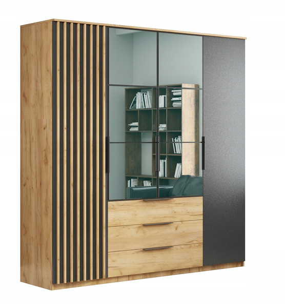 Szafa loftowa SORENTO 100cm lustro, lamele DĄB CRAFT ZŁOTY / CZARNY