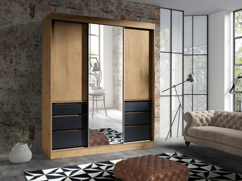 Szafa przesuwna HAITI 140cm, Szafa z Lustrem Biała, Szuflady