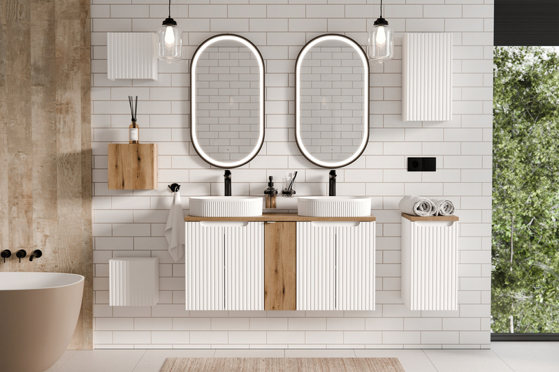 Meble łazienkowe NOVA WHITE 140, 2x umywalka nablatowa, Biały/Dąb, 3 KOLORY