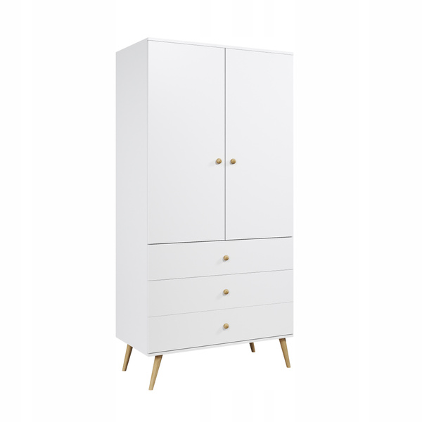 Szafa BOHO uchylna, drewniane nogi RÓŻ trzy szuflady + drążek