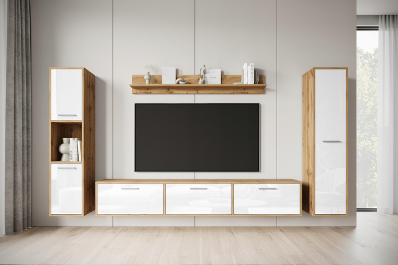 Meblościanka Zestaw mebli BOGOTA XL salon Dąb Wotan / Biały Połysk
