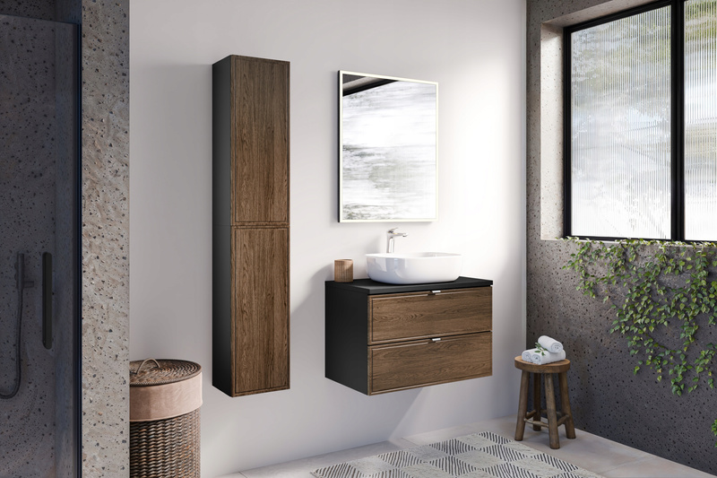 Zestaw 80cm blat lustro słupek umywalka Meble łazienkowe TALIA Dąb / Czarny