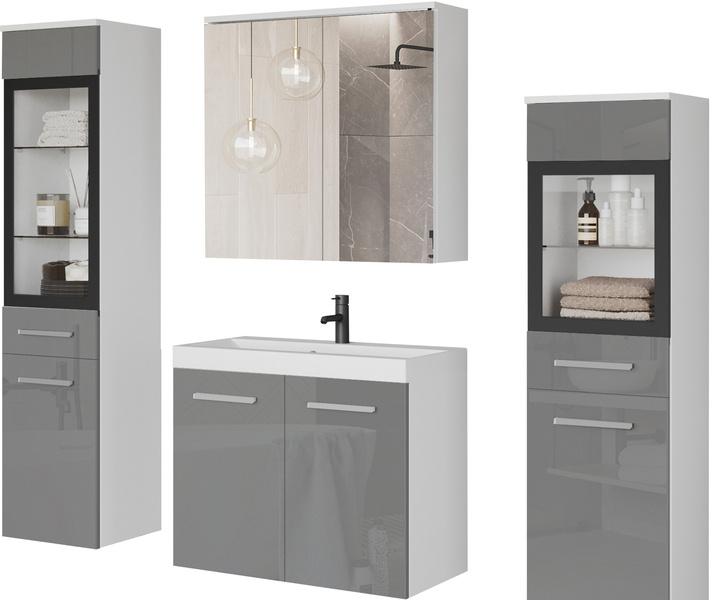 Meble łazienkowe MADRIT II, umywalka, lustro BIAŁY / SZARY POŁYSK