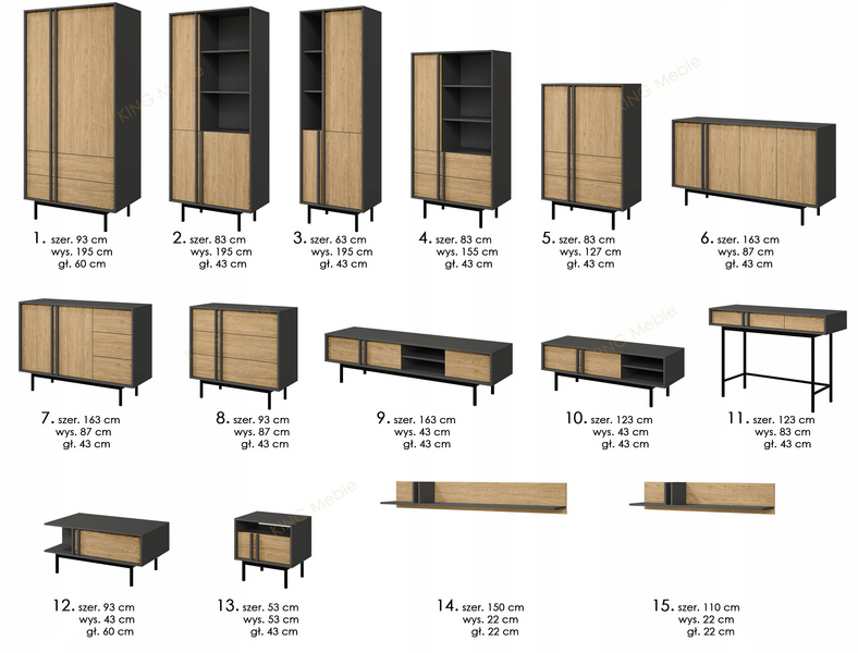 Komoda ALSY 8 93cm, Meble Pokojowe ALSY Antracyt / Dąb Olejowany