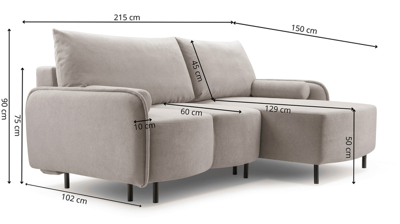 Mały Narożnik z funkcją spania TINI 215 cm, Rozkładany, Pojemnik