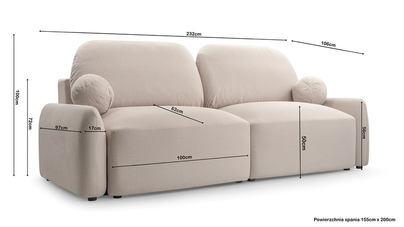 Kanapa Rozkładana, Sofa z funkcją spania SEVILLA 232 cm, Pokrowiec