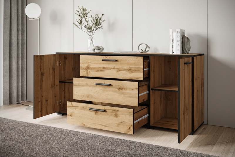 Komoda BOGOTA 150 Dąb Wotan / Krawędź Czarny Grafit