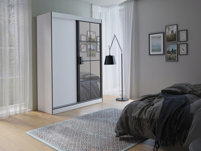 Szafa przesuwna OSLO II 120cm, Szafa z Lustrem Biały / Czarny
