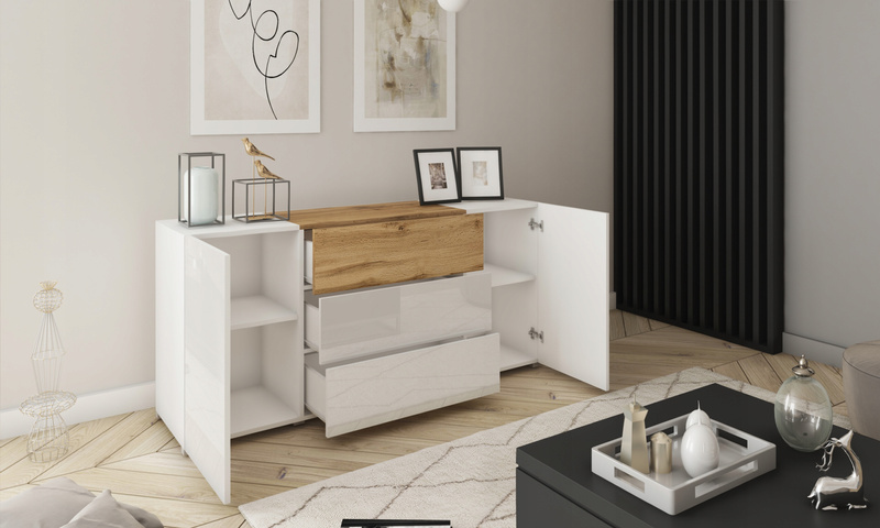 Komoda BERLIN 150 Dąb Wotan / Biały Połysk