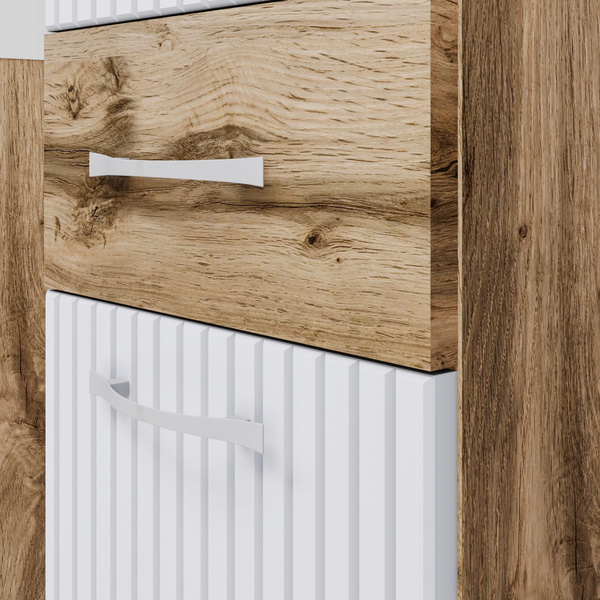 Meble łazienkowe ALBA DĄB WOTAN / BIAŁE RYFLE MDF, lustro, umywalka