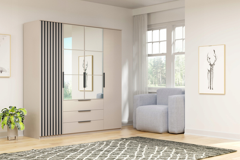 Szafa loftowa SORENTO 200cm lustro, lamele KASZMIR / CZARNY