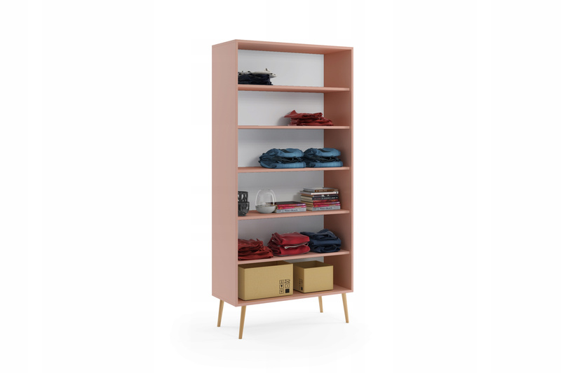 Szafa BOHO uchylna, drewniane nogi RÓŻ pięć półek