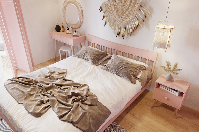 Stolik nocny BOHO z szufladą, drewniane nogi RÓŻ