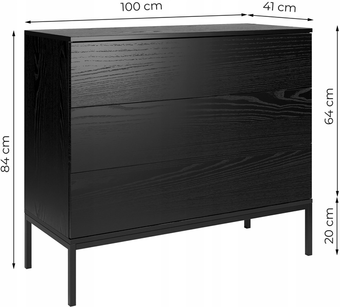 Komoda INDUST 100cm, 3 szuflady, metalowe nogi CZARNY