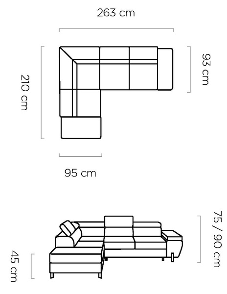 Narożnik z funkcją spania MOLINA L 263cm, Zagłówki, Pojemnik, Sprężyny
