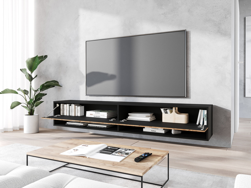 Szafka RTV Lowboard A 180cm Czarny Grafit / Jodełka Dąb Wotan MDF