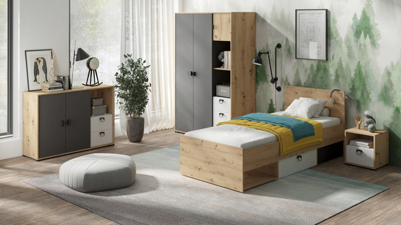 Komoda KEVIN 6 120cm, szuflady, Meble Młodzieżowe Dąb / Grafit / Biały