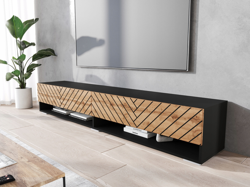 Szafka RTV Lowboard A 180cm Czarny Grafit / Jodełka Dąb Wotan MDF